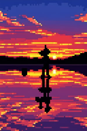 pixel art, (warm), scenery, sunset, reflection