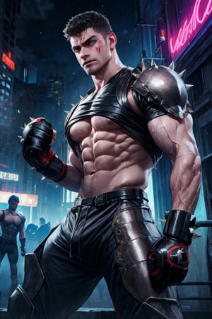 2boy battling, cyberpunk clothes and armour, 4K, large_muscles, hot, sweating, battleships, cyberpunk, black spiky short hair, grey eyes, punching, bloody stream, abs showing