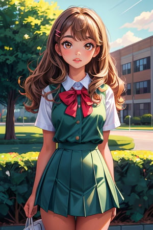 (best quality, masterpiece, ultra quality), cute girl, shiny silky brown blonde curly hair, deep tanned skin, slight bangs, big_thighs, UHD quality, red school skirt, stormy blue green eyes, school_uniform, white, hairclips, cute, cherry lips, hot, standing, blue green eyes, american, babyface, realistic, ,inboxDollPlaySetQuiron style, a little bit of freckles, preppy style, brown eyes, (detailed brown eyes), green highlights on hair, school background