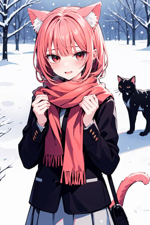 1girl, ((coral hair)), cat ears, pale red big eyes, winter skirt, scarf, snow,Snow,Snowflakes