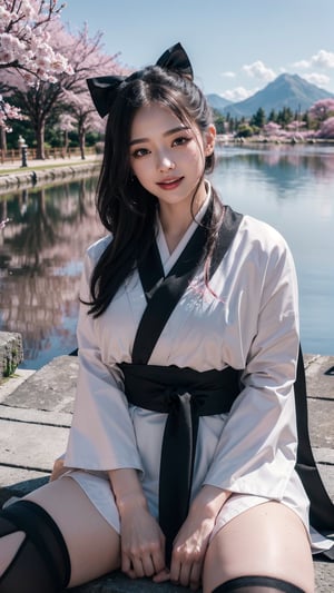 (best quality), (illustration), (hyper detailed), (high quality),(Masterpiece), 
1girl, (pink medium length hair),((It has a black bow that collects her hair), (the bow is in the back of the hair)), (happy smile), (Expression: In love), (big amber eyes),
(Dress: (white kimono), (full blue coat ), (wears a black scarf), (thigh high black stockings on both legs)), (Views of a temple in the background), (She is sitting next to some sakura cherry trees), (has a katana sheathed beside),phSaber, big_breast, legs_apart, see_trought
sweating_profusely, wet_hard_nippels,(spread legs:1.3),skirt_lift,pussy_soaked.