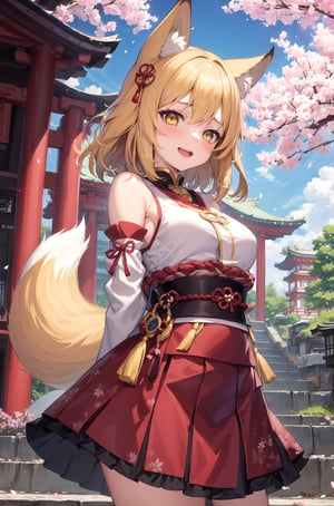 masterpiece, best quality, 1girl, yellow eyes, medium hair, stairs, cherry blossoms, temple, fox girl, detached sleeves, animal ears, happy, arms behind back,anime,yunyun, yunyun1,raidenshogundef,raidenshogunrnd,skirt_lift,Rolling eyes