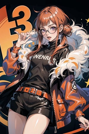 Persona 5, Futaba ,(masterpiece, best quality:1.1), ghibli style, red and blak colors,  long_orange_hair, purple eyes, hair_bands, glasses, coat and hoodie and fur, solo ,Orgasm,weiboZH,TinkerWaifu,