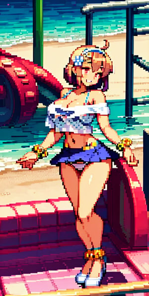 masterpiece, detailed, high quality, absurdres, 18-bits, PixelArt, pixel-(artwork), 1girl ass_visible_through_thighs beach bead_bracelet beads blue_nails blush bob_cut bracelet breasts brown_eyes brown_hair cleavage clothes_lift collarbone crop_top flower from_above gold_hairband green_skirt hair_between_eyes hair_flower hair_ornament hairband head_tilt jewelry knee_up legs_together lifted_by_self looking_at_viewer lying medium_breasts medium_hair microskirt midriff nail_polish navel ocean off-shoulder_shirt off_shoulder on_back open_mouth panties polka_dot polka_dot_skirt raised_eyebrows sand shirt sidelocks skirt skirt_lift solo teeth thick_thighs thigh_gap thighlet thighs underwear upper_teeth_only water white_panties white_shirt x_hair_ornament yellow_flower