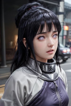 1girl, pretty young woman, masterpiece, photorealistic, hyper realistic, 4K, 8K, whole body, full body, perfect body, fit body, random facial expression, hinata outfit, konoha head protector, white eyes, DMM,hinata\(shippuden\)