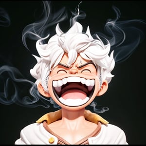 luffy from one piece, luffy gear 5, white_hair, white eyebrows, high detailed face, white clotes, smile or laugh, smoke coming out of his body, smoky body,masterpiece, ultra realistic, photorealistic, 3d_render 