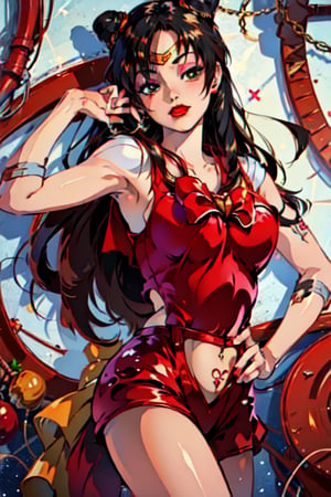 black hair, red sailor suit, ahegao_face, rei hino, sailor mars, tattoo_on_belly, lora:GirlfriendMix_v1_v20:1,JessicaWaifu red suit,jolynejojo_makeup,