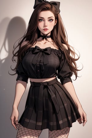 (Masterpiece, high quality,  perfect anatomy, perfect eyes), (beautiful, sensual, busty woman with long brown hair and brown eyes, wearing a black blouse, a black and white plaid skirt, fishnets, and a choker), ((black bow in her hair)),more detail XL,1 girl,Detailedface,Long hair 