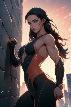(Masterpiece, high quality,  perfect anatomy, perfect eyes), (beautiful, tall and muscular superhero female, one piece suit), (metropolitan city, sunset, flexing muscles, punching a wall), more detail XL,1 girl,Detailedface,Long hair,Enhance,portrait,illustration,fcloseup,rgbcolor,emotion
