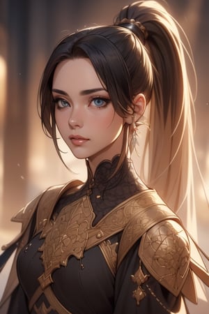 (Masterpiece, best quality, high resolution, perfect anatomy, perfect eyes, expressive eyes), (beautiful, sultry, sensual spy with black ponytail), (medieval fantasy), more detail XL,1 girl,Detailedface