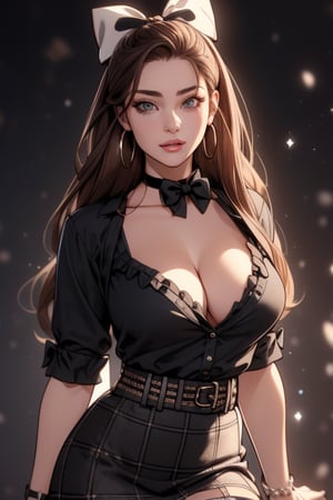 (Masterpiece, high quality,  perfect anatomy, perfect eyes), (beautiful, sensual, busty woman with long brown hair and brown eyes, wearing a black blouse, a black and white plaid skirt, fishnets, hoop earrings, and a choker), ((black bow in her hair)),more detail XL,1 girl,Detailedface,Long hair 