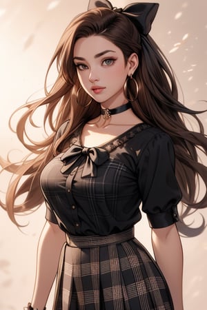 (Masterpiece, high quality,  perfect anatomy, perfect eyes), (beautiful, sensual, busty woman with long brown hair and brown eyes, wearing a black blouse, a  black and white plaid skirt, fishnets, hoop earrings, and a choker), ((black bow in her hair)), more detail XL,1 girl,Detailedface,Long hair 