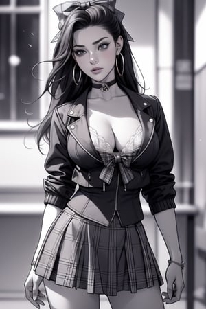 (Masterpiece, high quality,  perfect anatomy, perfect eyes), (beautiful, sensual, busty woman with long hair, wearing a jacket with no shirt, black and white plaid skirt, hoop earrings, and a choker) ((bow in her hair)), (public), more detail XL,1 girl,Detailedface,Long hair