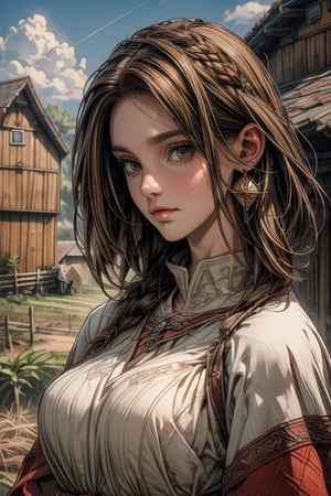 (Masterpiece, best quality, hi_res, extreme detail, perfect anatomy, perfect face), (pretty farm villager), (farming village, medieval fantasy),Brown hair