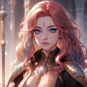 (Masterpiece, high quality,  perfect anatomy, perfect eyes), (beautiful, sensual wizard woman with wavy multicolored hair), (medieval fantasy), more detail XL,1 girl,Detailedface