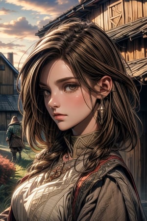 (Masterpiece, best quality, hi_res, extreme detail, perfect anatomy, perfect face), (pretty farm villager), (farming village, medieval fantasy),Brown hair,niji