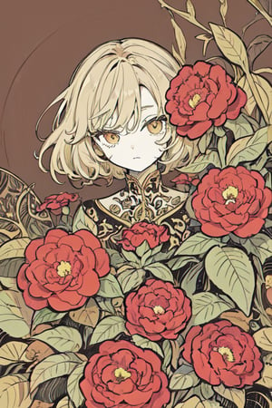 masterpiece, best quality, 1girl, flowers, camellia, flat color, lineart, abstract, ornate, brown theme, polychrome