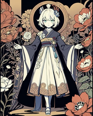 masterpiece, best quality, 1boy, flowers, surrounded by flowers, anemonae flower, flat color, lineart, abstract, ornate, mint theme, flowers on the foreground, golden accents, polychrome, limited palette no shading,alhaitham\(genshin impact\)