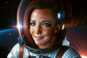  1 girl,  brown eyes, dark red hair, brown eyes, white and red space suit, space, black space, freckles, earth, the moon, the sun, floating in space, space, future, smile, astronaught suit, stronaught helmet, floating in space, selife, alient planet, 