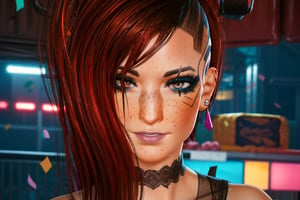  party hat, dancing, celebrating, looking at viewer, future party, future cyberpunk apartment, happy, cake, confetti, dress, sexy dress, lace, 1 girl, behind, brown eyes, dark red hair, brown eyes, close up, freckles,  ear piercings pierced ear, lip piercings,