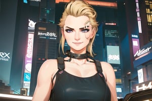 1 girl, nighty city, cyberpunk, sexy outfit, close up, collar, barely_clothed, smile,  blonde hair,