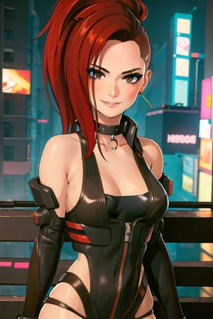 1 girl, red hair, brown eyes, nighty city, cyberpunk, sexy outfit, close up, collar, barely_clothed, smile, bullet neckless, ear piercing