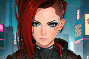 1 girl, red hair, brown eyes, nighty city, cyberpunk, sexy outfit, close up,