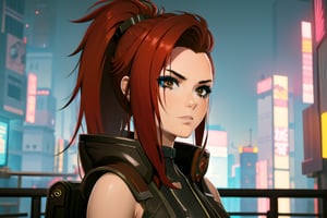 1 girl, red hair, brown eyes, nighty city, cyberpunk,