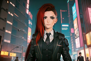 1 girl, red hair, brown eyes, nighty city, cyberpunk, black suit and tie, suit, agent