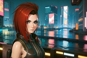 1 girl, red hair, brown eyes, nighty city, cyberpunk,