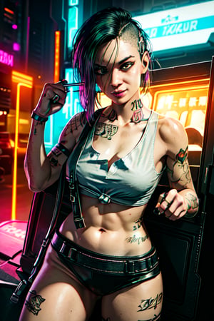 1 Judy, cyberpunk, sexy, tattoos, sexy, badass. Full naked, breasts out, pony tail, tank top, clothed, ,cyberpunk,Detailedface, happy smile, sexy, cute, smoking, sexy,