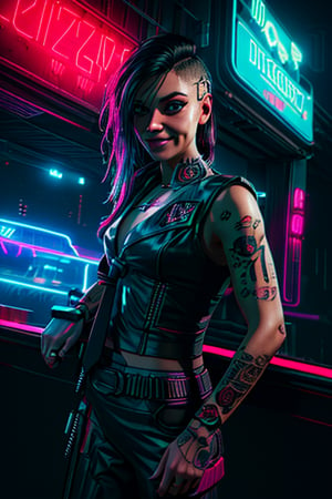 Judy, Night City, cyberpunk, tattoos, long hair,  ,cyberpunk 2077, Detailedface, happy smile, sexy, suit and tie, black suit, red tie, neon light, sexy, Night Cityclub, neon lights, cute smile, de