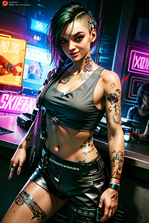 1 Judy, cyberpunk, sexy, tattoos, sexy, badass.  long hair, tank top, clothed, ,cyberpunk,Detailedface, happy smile, sexy, cute, smoking, sexy,