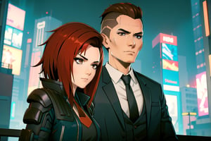 1 girl, red hair, brown eyes, nighty city, cyberpunk, black suit and tie, suit, agent