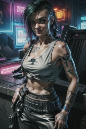 1 Judy, cyberpunk, sexy, tattoos, sexy, badass.  long hair, tank top, clothed, ,cyberpunk,Detailedface, happy smile, sexy, 