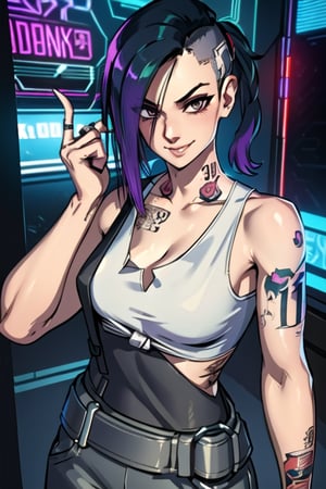 1 Judy, cyberpunk, sexy, tattoos, sexy, badass. Full naked, breasts out, pony tail, tank top, clothed, ,cyberpunk,Detailedface, happy, smile, sexy, cute, smoking, sexy, smiling, 