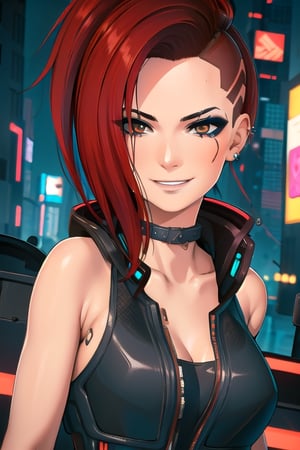 1 girl, red hair, brown eyes, nighty city, cyberpunk, sexy outfit, close up, collar, barely_clothed, smile, bullet neckless, ear piercing, wave, smile, fingers, 