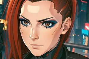 1 girl, red hair, brown eyes, nighty city, cyberpunk, black suit and tie, suit, agent, james bond, agent, cybernetic, close up,