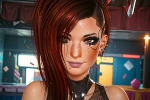  party hat, dancing, celebrating, looking at viewer, future party, future cyberpunk apartment, happy, cake, confetti, dress, sexy dress, lace, 1 girl, behind, brown eyes, dark red hair, brown eyes, close up, freckles,  ear piercings pierced ear, lip piercings,