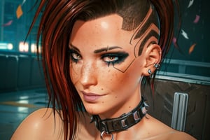 naked, spiked collar, chained collar, on hands and knees, naked,  future cyberpunk apartment, happy, cake, confetti, dress, sexy dress, lace, 1 girl, behind, brown eyes, dark red hair, brown eyes, close up, freckles,  ear piercings pierced ear, lip piercings,