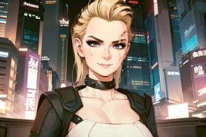 1 girl, nighty city, cyberpunk, sexy outfit, close up, collar, barely_clothed, smile,  blonde hair,