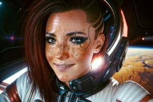  1 girl,  brown eyes, dark red hair, brown eyes, white and red space suit, space, black space, freckles, earth, the moon, the sun, floating in space, space, future, smile, astronaught suit, stronaught helmet, floating in space, selife, alient planet, 