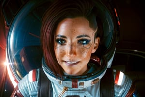  1 girl,  brown eyes, dark red hair, brown eyes, white and red space suit, space, black space, freckles, earth, the moon, the sun, floating in space, space, future, smile, astronaught suit, stronaught helmet, floating in space, selife, alient planet, 