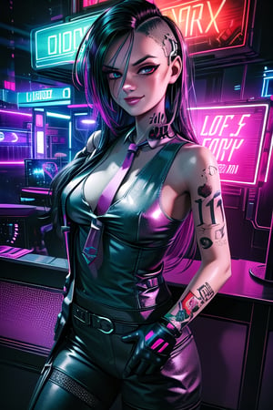 1 Judy, cyberpunk, sexy, tattoos, sexy, badass.  long hair,  half-dressed, ,cyberpunk,Detailedface, happy smile, sexy, suit and tie, black suit, red tie, neon light, sexy, club, neon lights