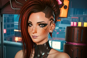  party hat, celebrating, looking at viewer, future party, future cyberpunk apartment, happy, cake, confetti, dress, sexy dress, lace, 1 girl, behind, brown eyes, dark red hair, brown eyes, close up, freckles,  ear piercings pierced ear, lip piercings,