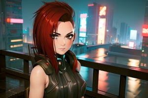 1 girl, red hair, brown eyes, nighty city, cyberpunk,