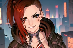 1 girl, red hair, brown eyes, nighty city, cyberpunk, sexy outfit, close up, collar, barely_clothed, smile, bullet neckless, ear piercing, wave, smile, fingers, hooded, hood up, assassins creed, smile, only face seen, smile, hidden in shadow, sexy, 