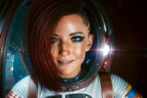  1 girl,  brown eyes, dark red hair, brown eyes, white and red space suit, space, black space, freckles, earth, the moon, the sun, floating in space, space, future, smile, astronaught suit, stronaught helmet, floating in space, selife, alient planet, 