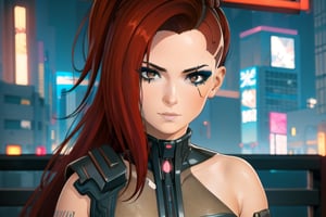 1 girl, red hair, brown eyes, nighty city, cyberpunk,