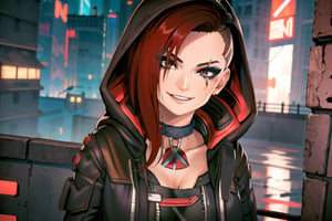 1 girl, red hair, brown eyes, nighty city, cyberpunk, sexy outfit, close up, collar, barely_clothed, smile, bullet neckless, ear piercing, wave, smile, fingers, hooded, hood up, assassins creed, smile, only face seen, smile, hidden in shadow, sexy, 
